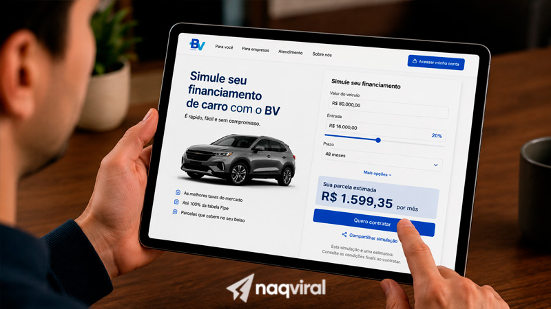 Simulador de financiamento de carros BV permite calcular parcelas, entrada e custos antes de financiar seu próximo veículo